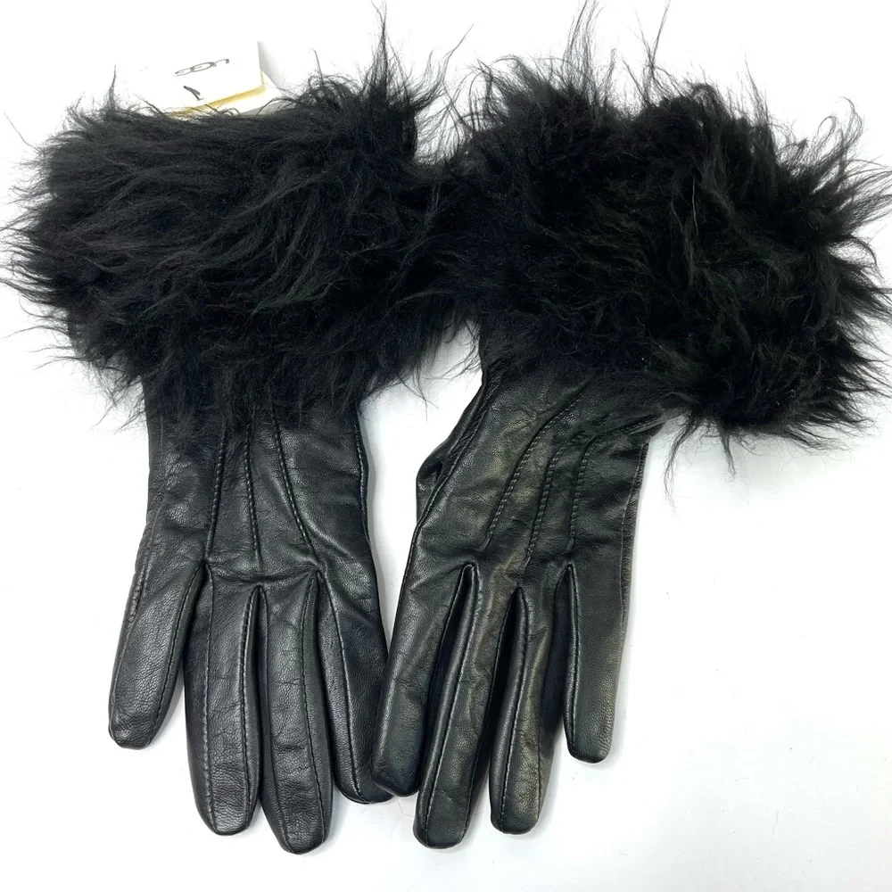 UGG Black Leather Gloves Fur Trim Black NEW Touchscreen Tech Size S